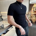 Outono inverno masculino meia alta pescoço manga curta camiseta coreano fino ajuste cor sólida camisa inferior casual algodão elástico camisetas
