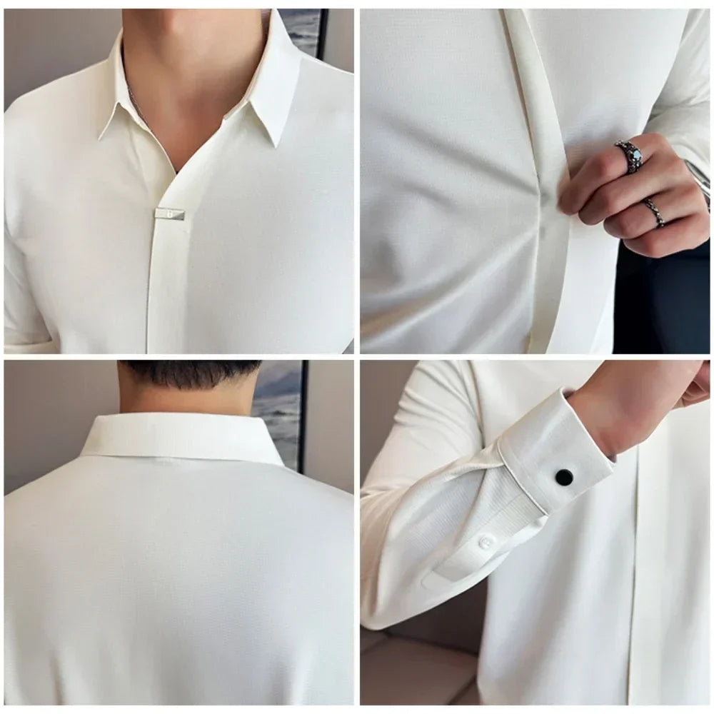 Camisa polo masculina com decote em v, alta elasticidade, sem marcação, alta qualidade, manga comprida, lapela, sólida, slim fit, camiseta casual, roupas masculinas 4xl