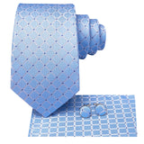 Hi-tie masculino elegante gravata lenço abotoaduras 3 pçs conjunto xadrez azul claro para smoking moda clássico seda luxo gravata para homem