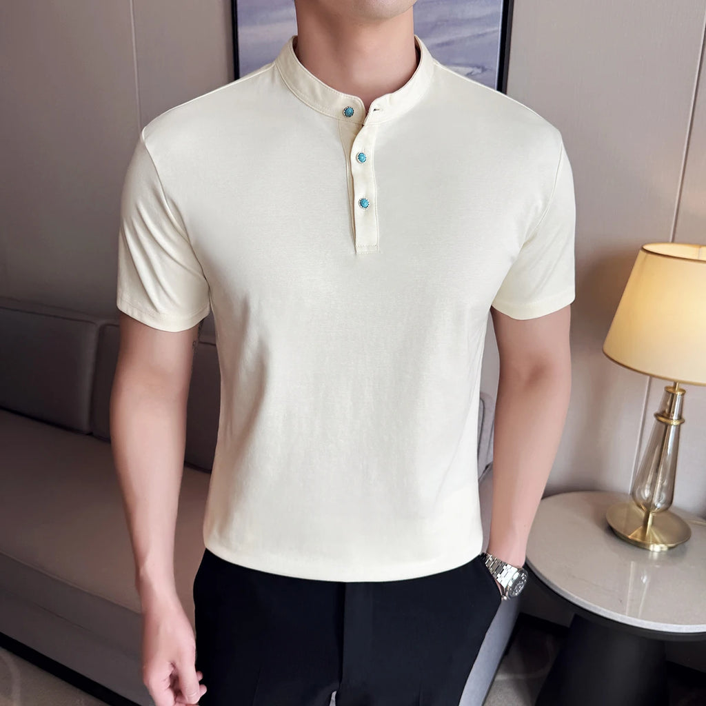 Turquesa botão design henry pescoço polo camisa 2025 verão nova manga curta masculina fino ajuste sólido confortável algodão camisetas topos