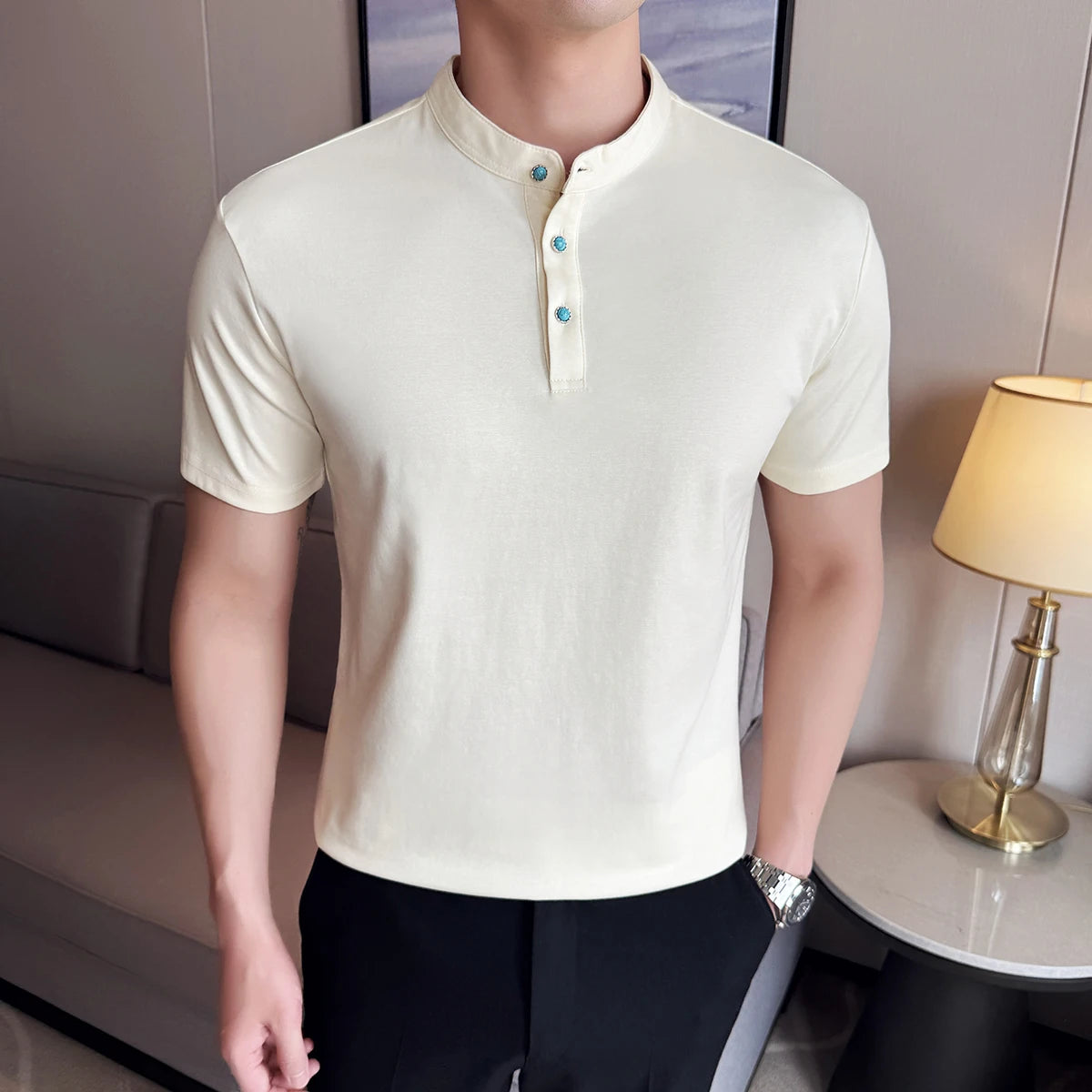 Turquesa botão design henry pescoço polo camisa 2025 verão nova manga curta masculina fino ajuste sólido confortável algodão camisetas topos
