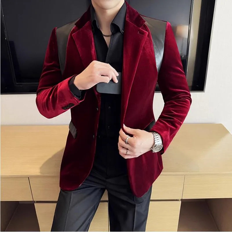 Outono inverno novos homens mercerizado veludo fino ajuste terno casacos moda couro emenda casual negócios formal festa fraque 4xl-m