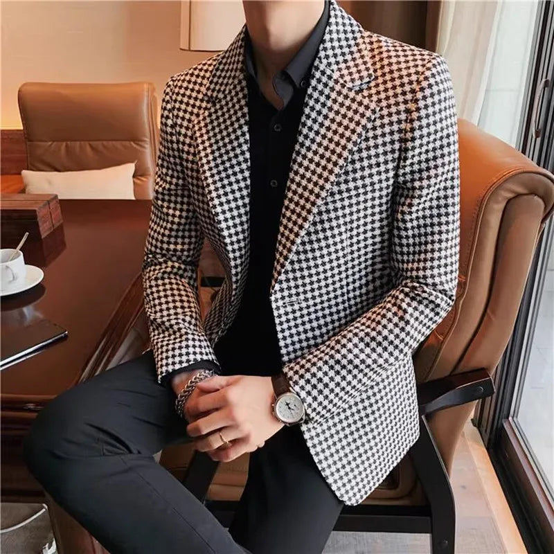 Estilo britânico novo fino ajuste xadrez terno casacos 2025 moda masculina negócios escritório vestido de casamento terno jaqueta tailcoat roupas masculinas
