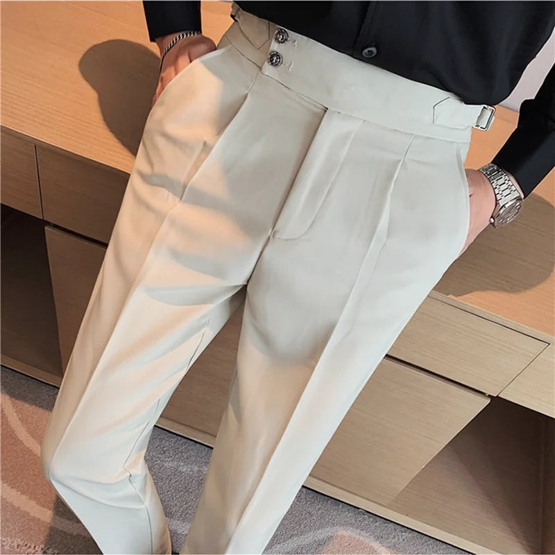 Estilo britânico novos homens sólidos calças de cintura alta alta qualidade formal negócios fino ajuste escritório terno calças festa social vestido