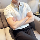 Moda verão cor bloqueada turn down collar polos camisas masculinas de seda gelo manga curta magro casual negócios social camisetas 4xl-m