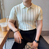 2025 verão masculino listras onduladas polos camisas moda turn-down colarinho simplicidade fino ajuste manga curta de malha t camisas topos