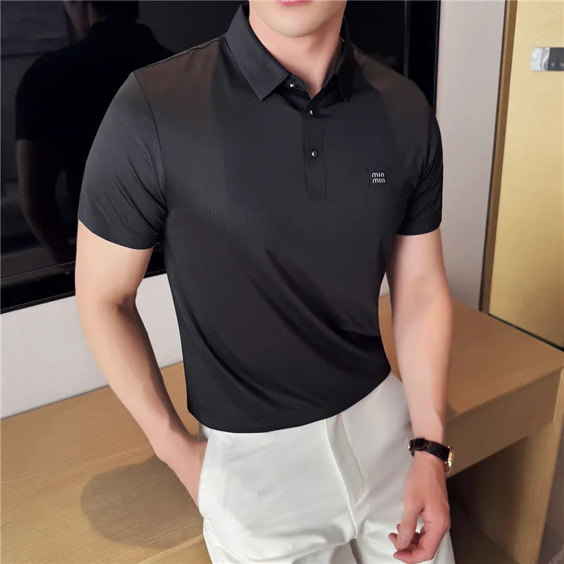 2025 verão novo sem vestígios polos elásticos camisa masculina de alta qualidade casual respirável manga curta camiseta social topos 4xl-m