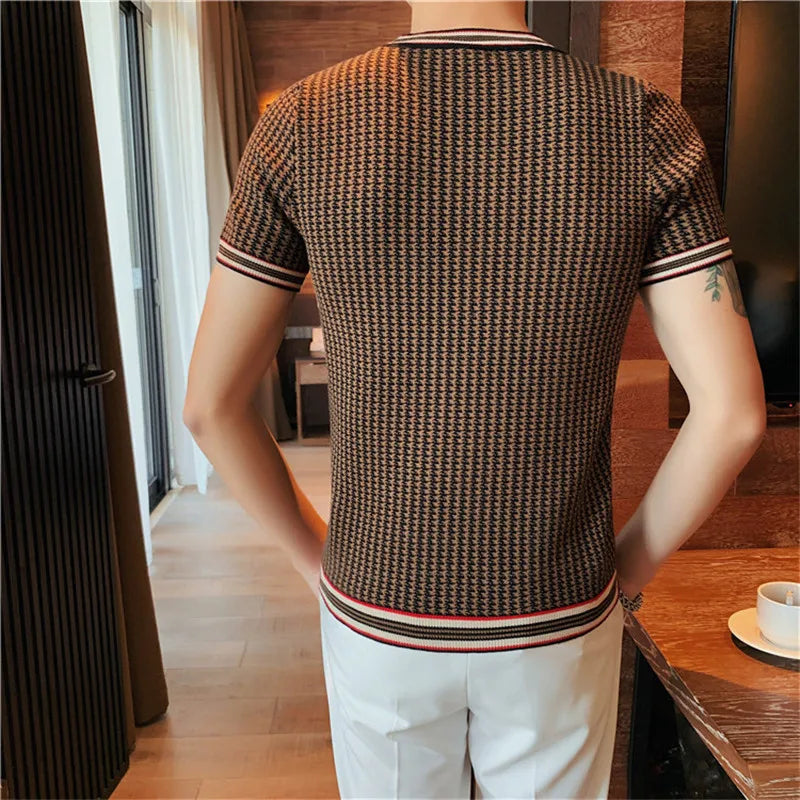 Estilo britânico mil pássaros verificar camiseta masculina novo bordado fino de malha t camisa masculina o-pescoço homme clube social outfits topo t