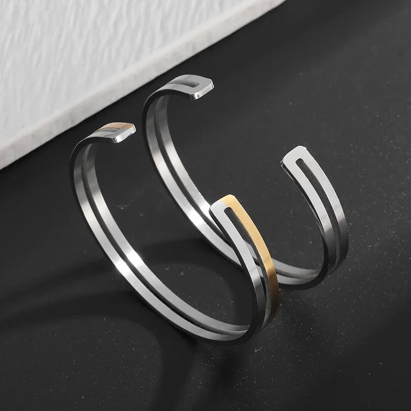 Pulseira de punho simples brilhante de dupla camada de aço inoxidável adequada para homens e mulheres pulseira de punho de duas cores joias de casal