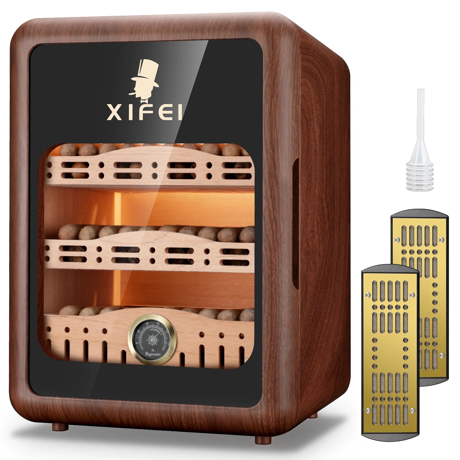 Umidificador de charutos XIFEI, armário de umidificador de charutos de até 150 charutos, umidificador de mesa com iluminação LED com prateleiras de madeira de cedro espanhol, higrômetro