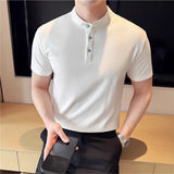 Turquesa botão design henry pescoço polo camisa 2025 verão nova manga curta masculina fino ajuste sólido confortável algodão camisetas topos