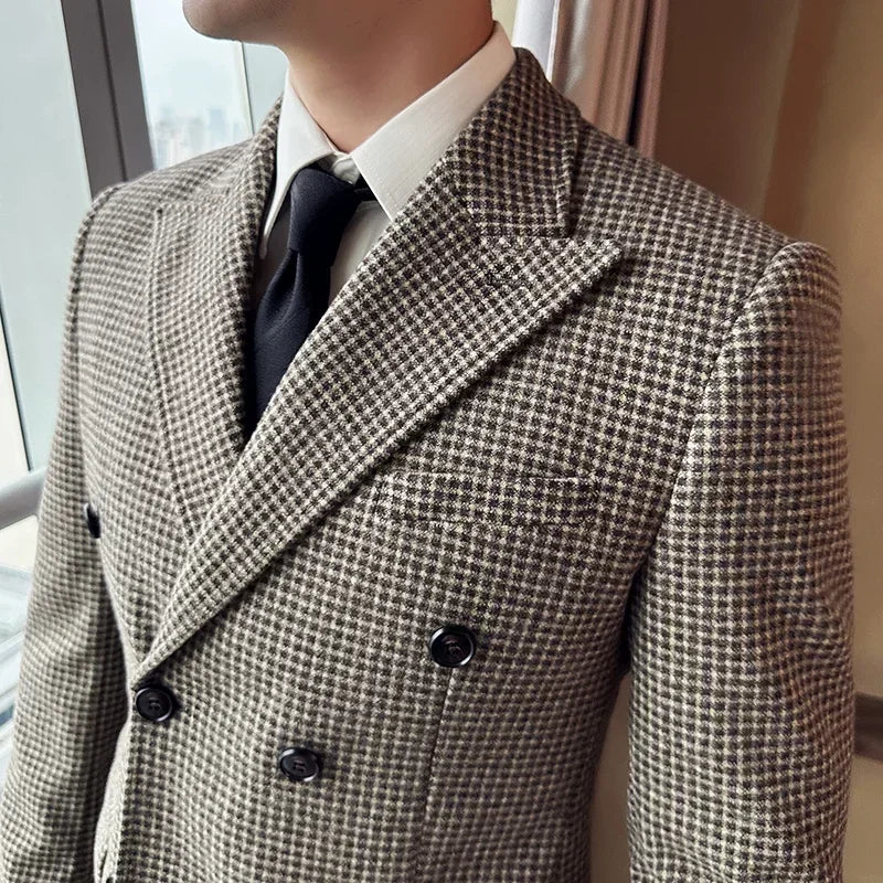 Estilo britânico masculino duplo breasted fino ajuste blazer 2024 novo houndstooth fino ajuste terno jaqueta formal de negócios vestido de casamento jaqueta