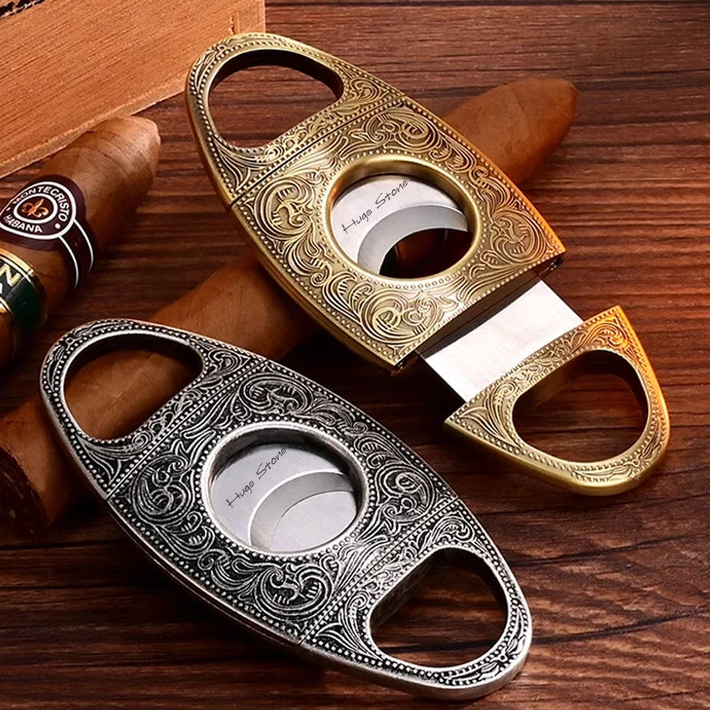 Cortador de charutos, perfurador de charutos de corte duplo de aço inoxidável, cortadores de gravura floral para homens - gravar fumar