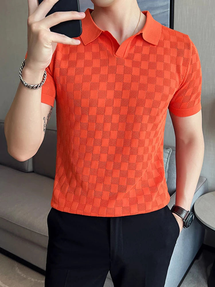 Camisa polo de malha fina de seda e gelo masculina, camiseta casual, manga curta, gola em O, justa, respirável, elástica, malha, masculina, verão