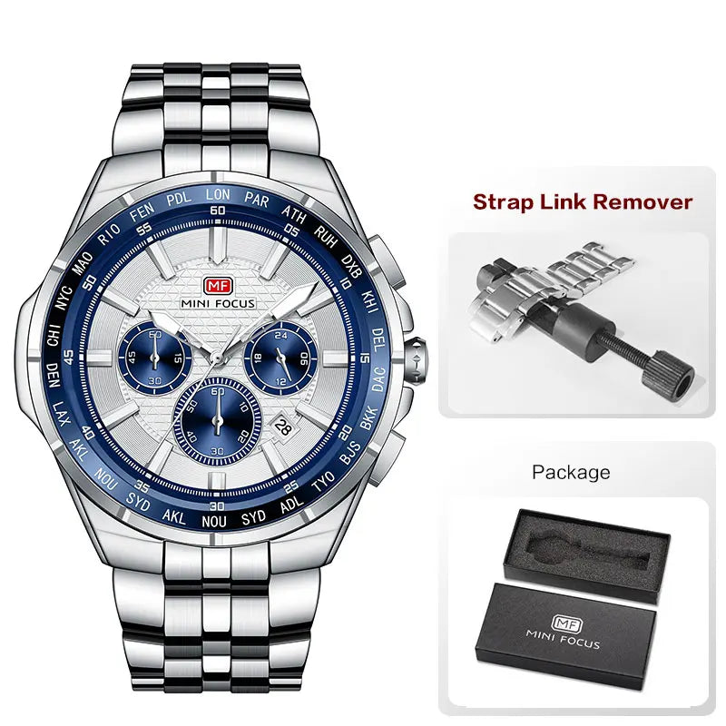 MINI FOCUS Moda Casual Relógio de Quartzo para Homens Relógio de Pulso Multifuncional com Mãos Luminosas Banda de Aço Cronógrafo Calendário Data