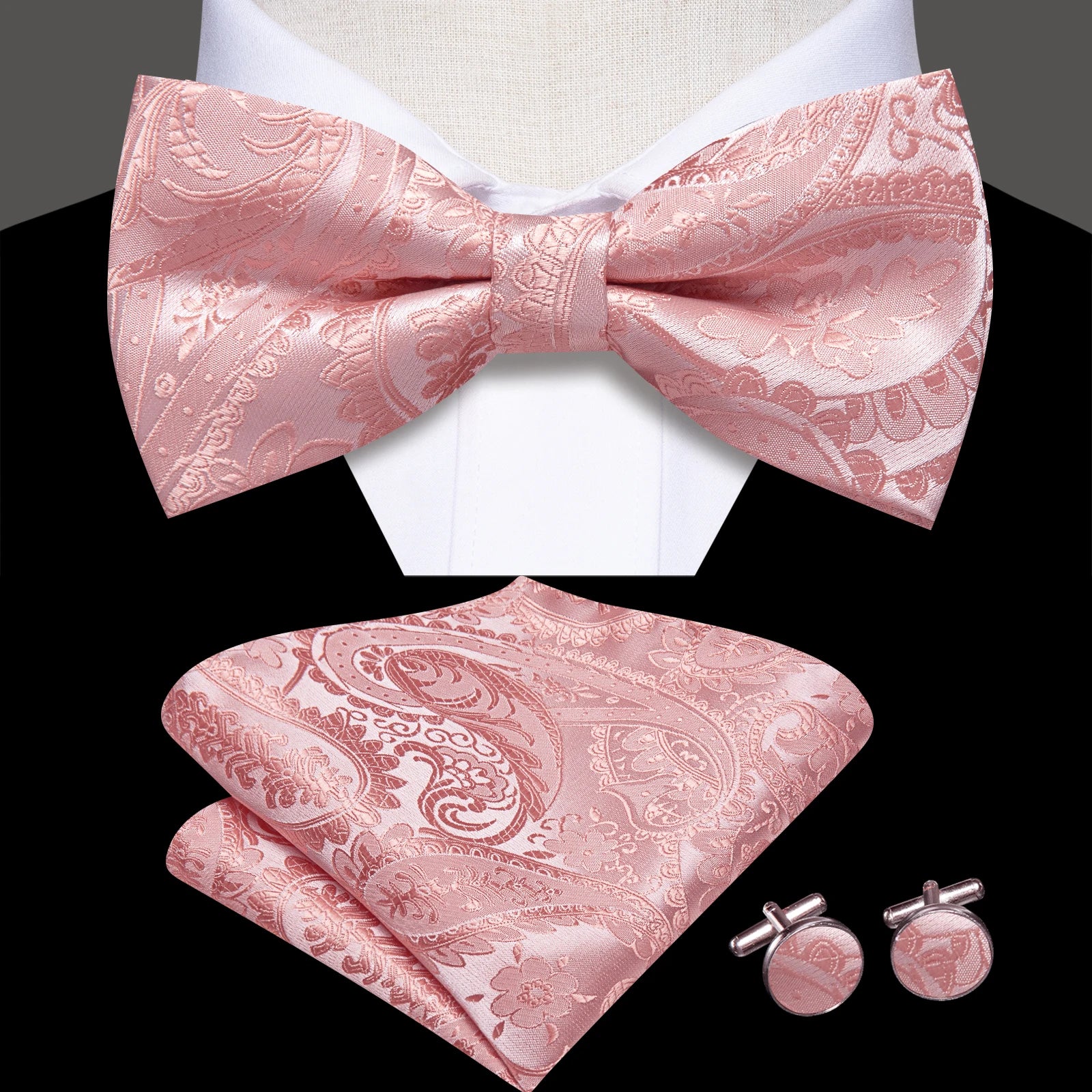 Conjunto de gravata paisley rosa elegante masculino, caixa de presente com gravata, gravata borboleta, lenço, abotoaduras, anel, clipe de lapela e boutonniere.