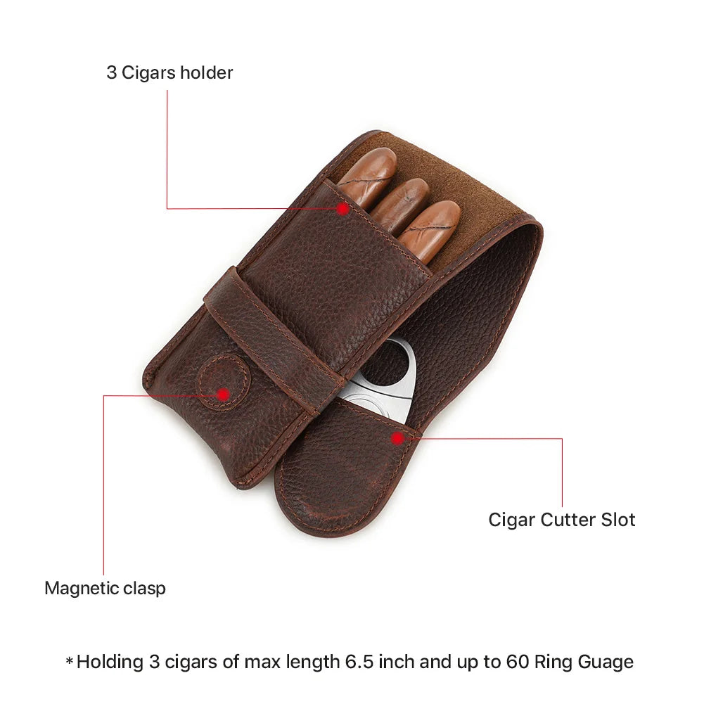 Suporte de charutos de 3 dedos em couro genuíno vintage, caixa portátil do humidor com estojo cortador, saco de presente masculino