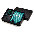 Gravatas luxuosas de seda com listras verdes escuras, acessórios de casamento, gravata masculina, bolso quadrado, abotoaduras, pino e caixa de presente elegante