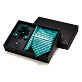 Gravatas luxuosas de seda com listras verdes escuras, acessórios de casamento, gravata masculina, bolso quadrado, abotoaduras, pino e caixa de presente elegante