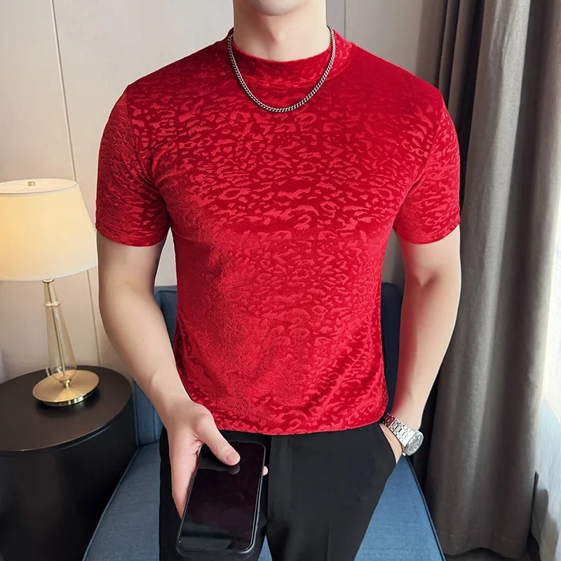 Camiseta jacquard de veludo dourado primavera verão nova meia gola alta ajuste fino casual manga curta respirável camiseta roupas masculinas