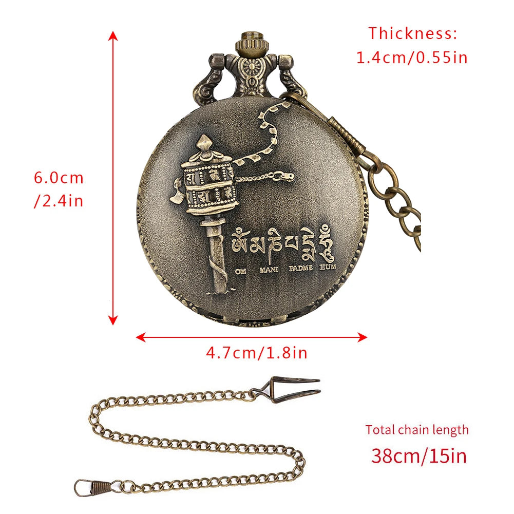 Om Mani Padme Hum Budismo Letras Sanskrit Seis Palavras Relógio de Bolso de Quartzo para Homens Mulheres com Colar de 80cm/Cadeia de Gancho de Cintura de 38cm