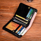 Carteira curta original de couro curtido vegetal, carteira retrô de camada superior de couro, carteira multifuncional de couro genuíno feita à mão