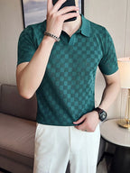 Camisa polo de malha fina de seda e gelo masculina, camiseta casual, manga curta, gola em O, justa, respirável, elástica, malha, masculina, verão
