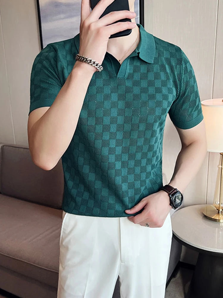 Camisa polo de malha fina de seda e gelo masculina, camiseta casual, manga curta, gola em O, justa, respirável, elástica, malha, masculina, verão