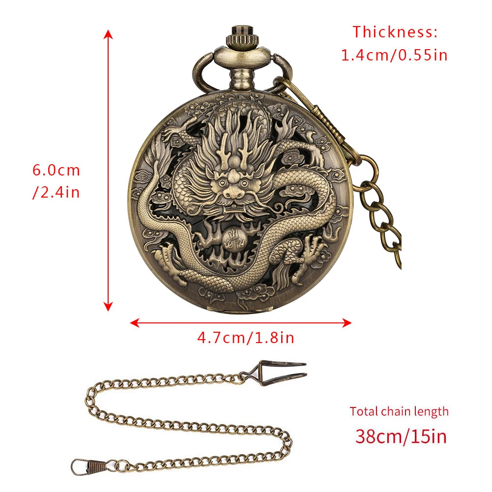 Bronze Vintage Ancient Dragon Design Quartz Pocket Watch Steampunk Analógico FOB Pocket Chain Presente Homens Mulheres Colar Pingente Relógio