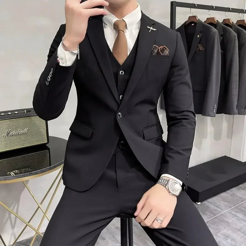 (Jaqueta + colete + calça) plus size 7xl-s masculino coreano fino ajuste noivo casamento negócios casual smoking masculino trabalho terno social 3 peças