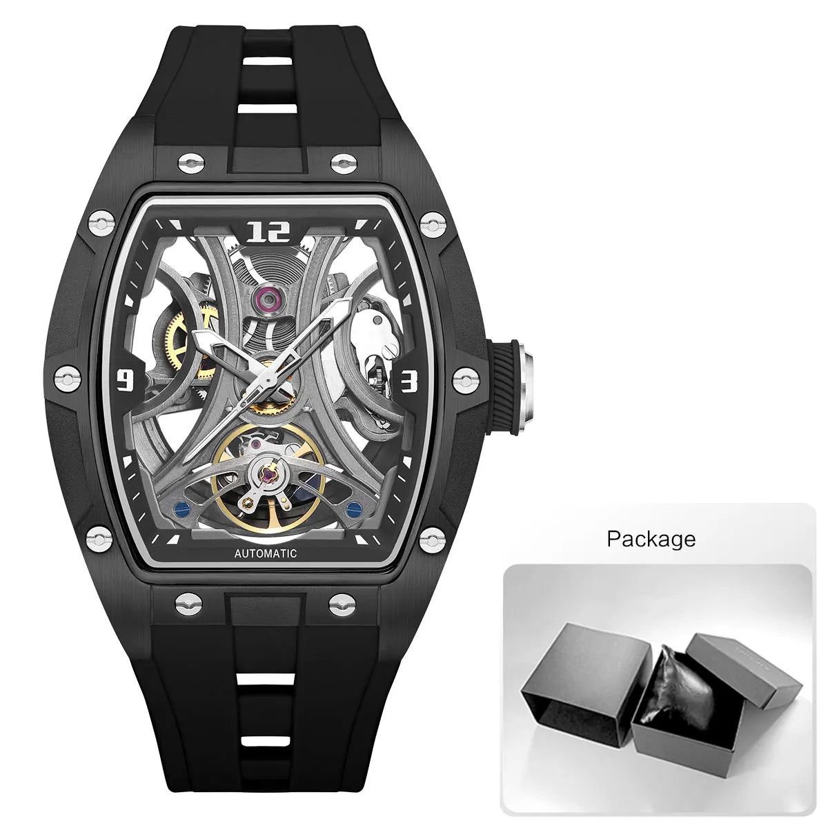 MEGIR Moda Esportes Relógio Mecânico para Homens Relógio de Pulso Automático com Pulseira de Silicone Transparente Tonneau Dial