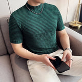 Moda listra impressa t camisas para homens verão casual meia alta pescoço fino ajuste respirável camisetas pullovers roupas masculinas 4xl-m