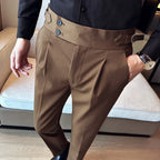 Outono inverno cintura alta calças de vestido de negócios dos homens casual cinto design fino terno calças formal casamento festa social calças masculinas