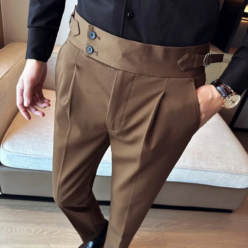 Outono inverno cintura alta calças de vestido de negócios dos homens casual cinto design fino terno calças formal casamento festa social calças masculinas
