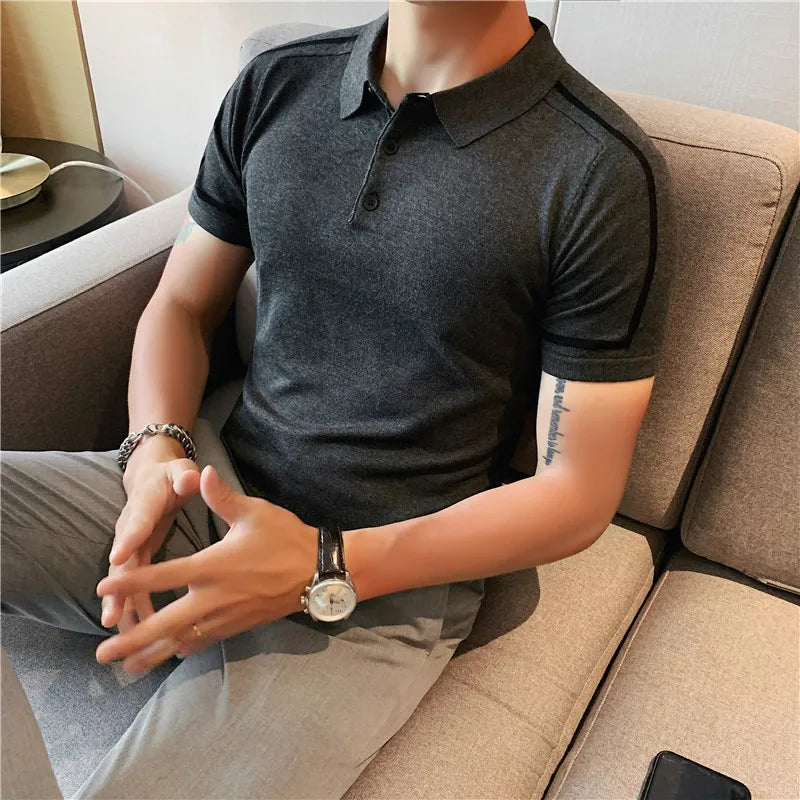 Cor bloqueada listrado camisa polo de malha dos homens verão manga curta lapela gelo seda t masculino fino negócios polos sociais streetwear