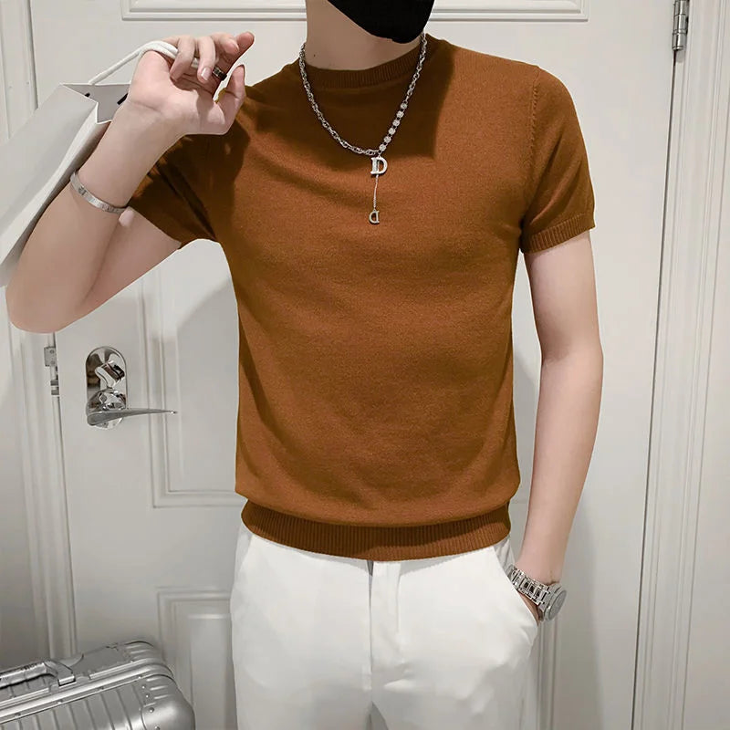 Verão fino pulôver meia gola alta camiseta masculina de malha manga curta topo masculino cor sólida camisola magro camiseta streetwear