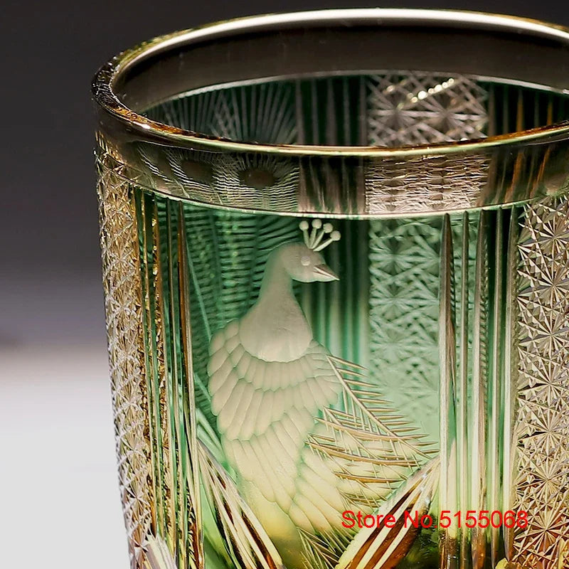 Edo Kiriko Copo de vinho, Verde, Azul, Handmade, Copo de uísque, Gravura do pavão, Beber copo, Estilo japonês, Luxo