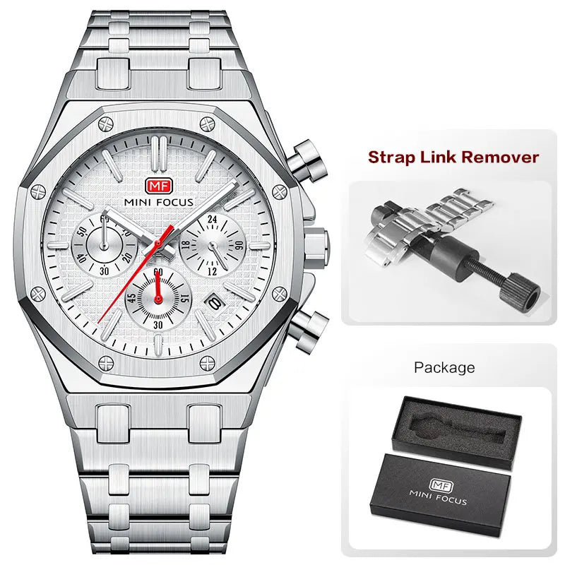 Mini foco novo relógio de quartzo de negócios para homens moda à prova dwaterproof água cronógrafo relógio de pulso luminoso com pulseira de aço inoxidável data