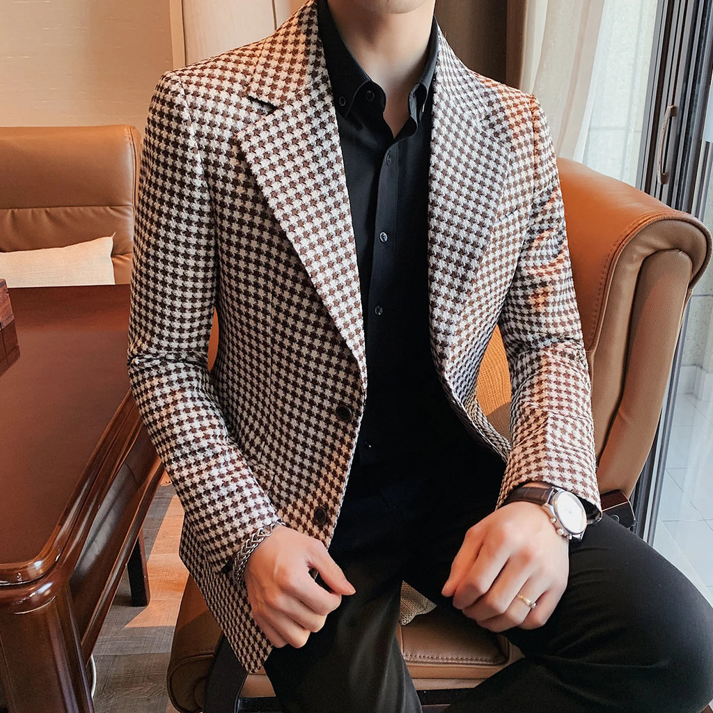 Estilo britânico novo fino ajuste xadrez terno casacos 2025 moda masculina negócios escritório vestido de casamento terno jaqueta tailcoat roupas masculinas