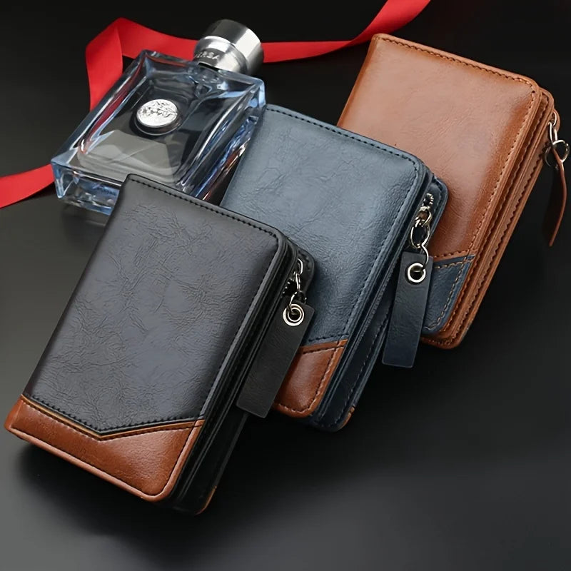 2024 nova carteira curta de couro do plutônio dos homens com zíper bolso moeda vintage grande capacidade masculino curto dinheiro bolsa titular do cartão