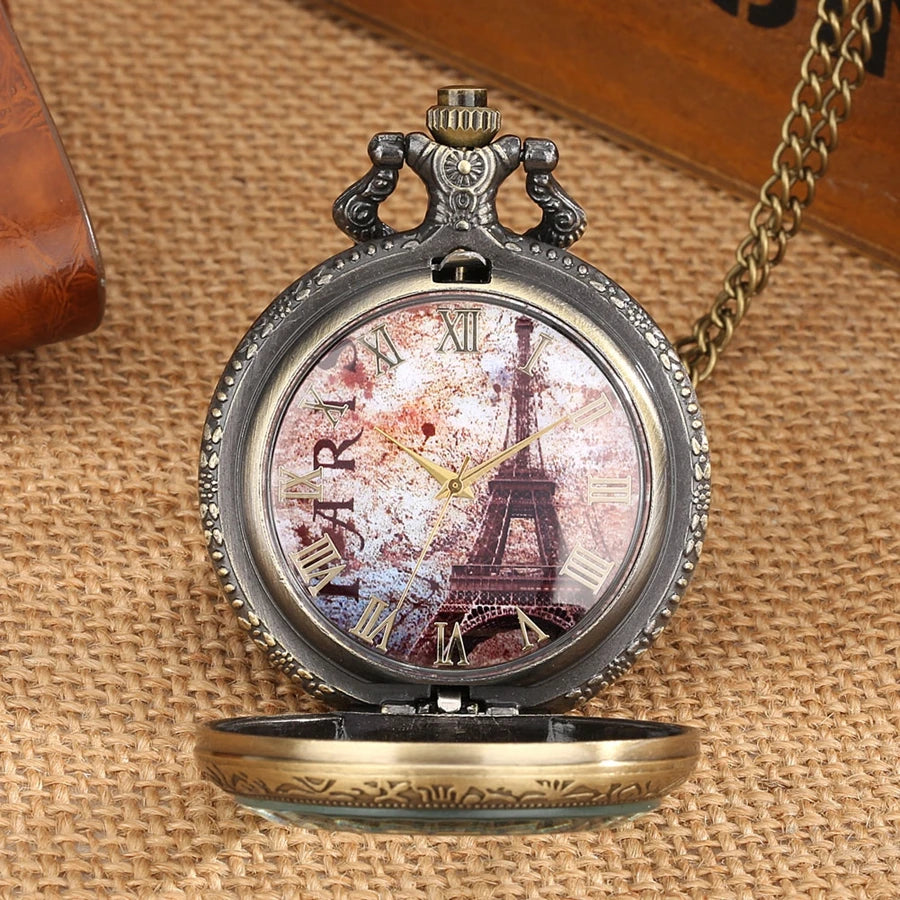 Vidro transparente torre eiffel dial design relógio de bolso de quartzo números romanos display pingente relógio colar reloj com acessório