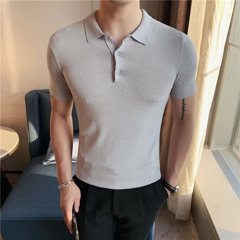 Estilo britânico verão camisa polo de malha cor sólida fino ajuste estiramento manga curta camiseta masculina negócios polos sociais streetwear