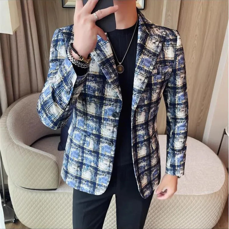 Estilo britânico de luxo xadrez terno jaqueta 2025 outono novos homens high-end negócios fino blazers noivo casamento festa social vestido casacos