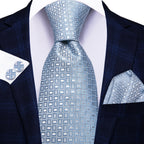 Hi-tie masculino elegante gravata lenço abotoaduras 3 pçs conjunto xadrez azul claro para smoking moda clássico seda luxo gravata para homem