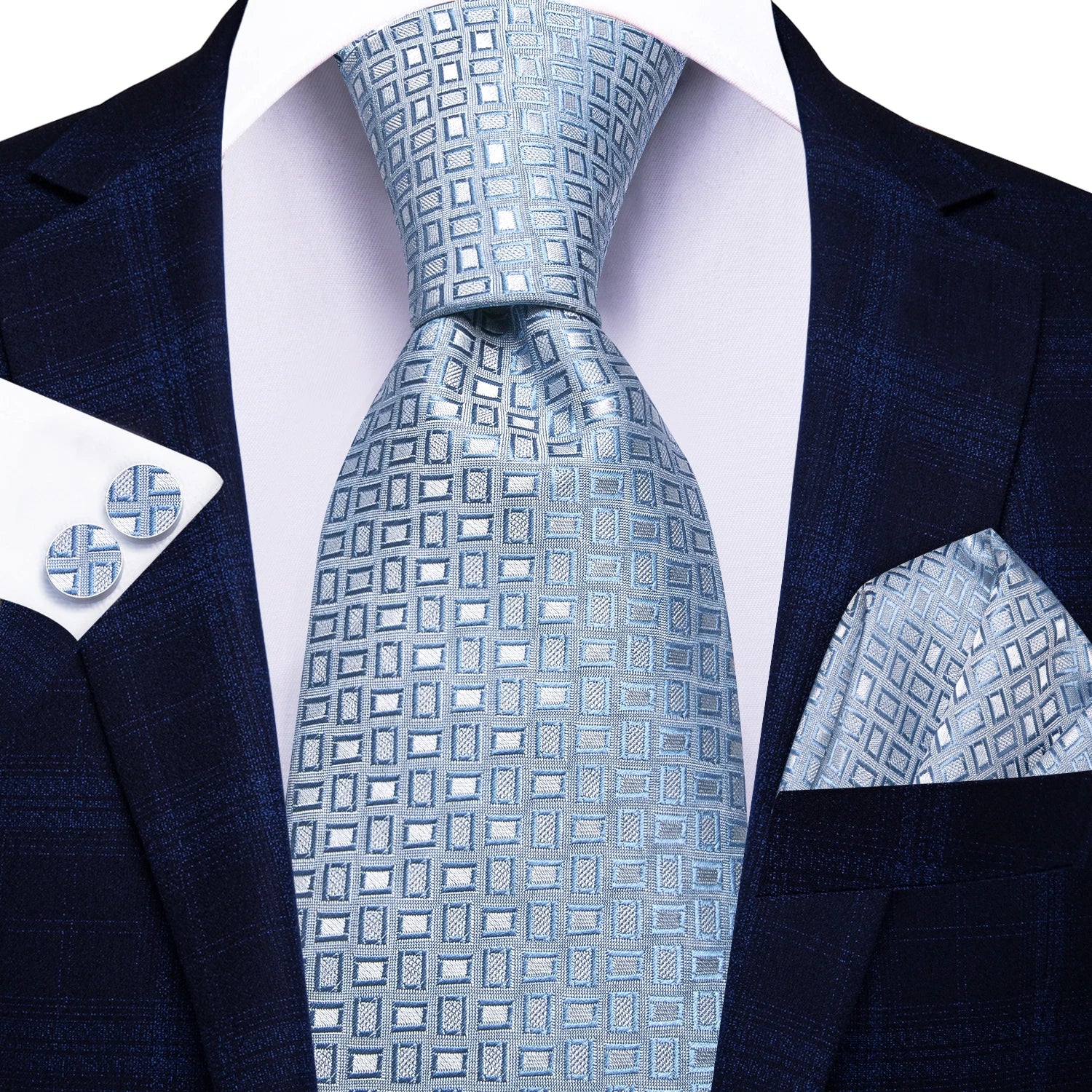 Hi-tie masculino elegante gravata lenço abotoaduras 3 pçs conjunto xadrez azul claro para smoking moda clássico seda luxo gravata para homem