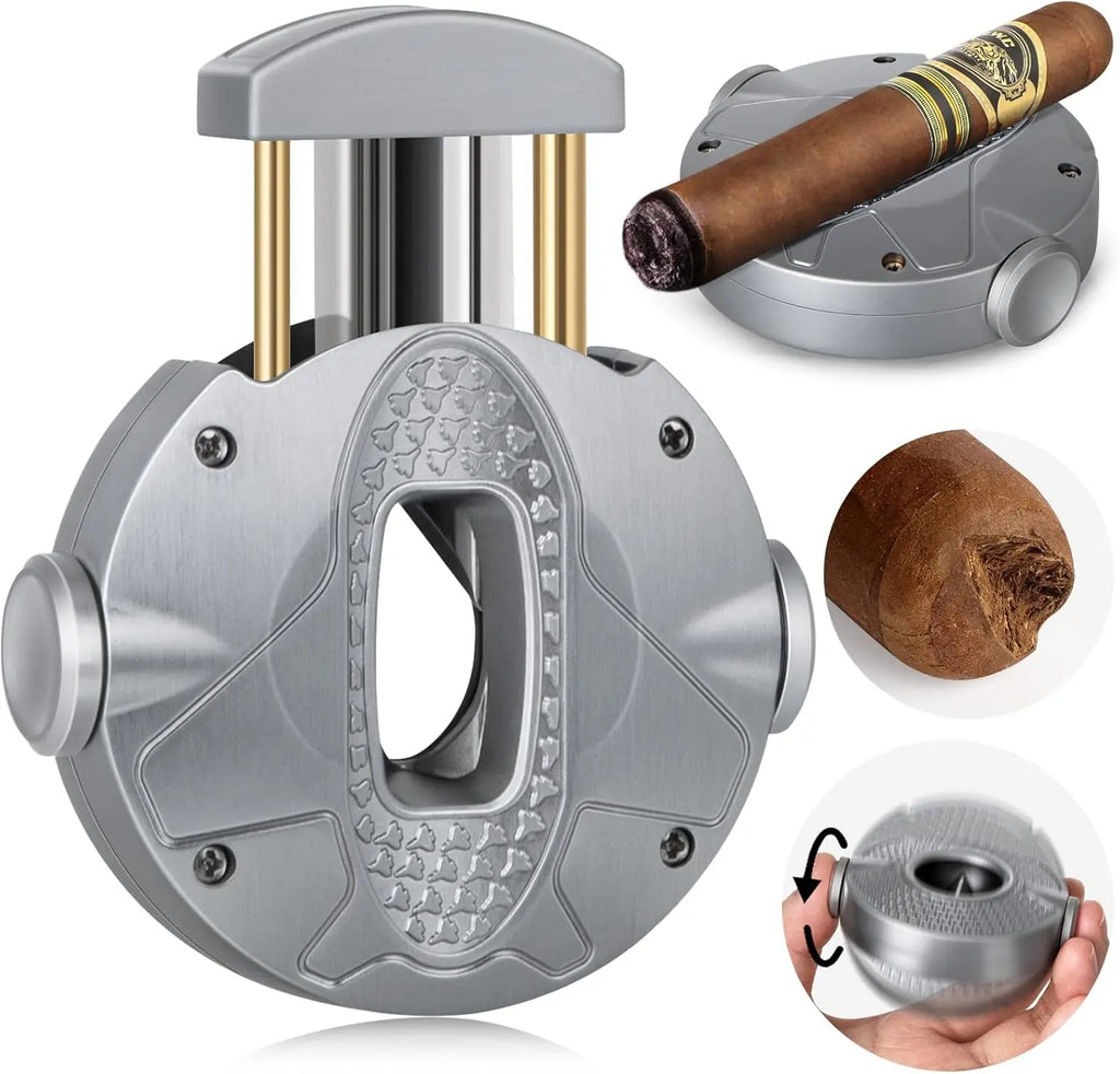 Cortador de charuto 3-1 com lâmina de aço inoxidável, suporte de charuto e rotador de descompressão, cortador de charuto redondo projetado ergonomicamente