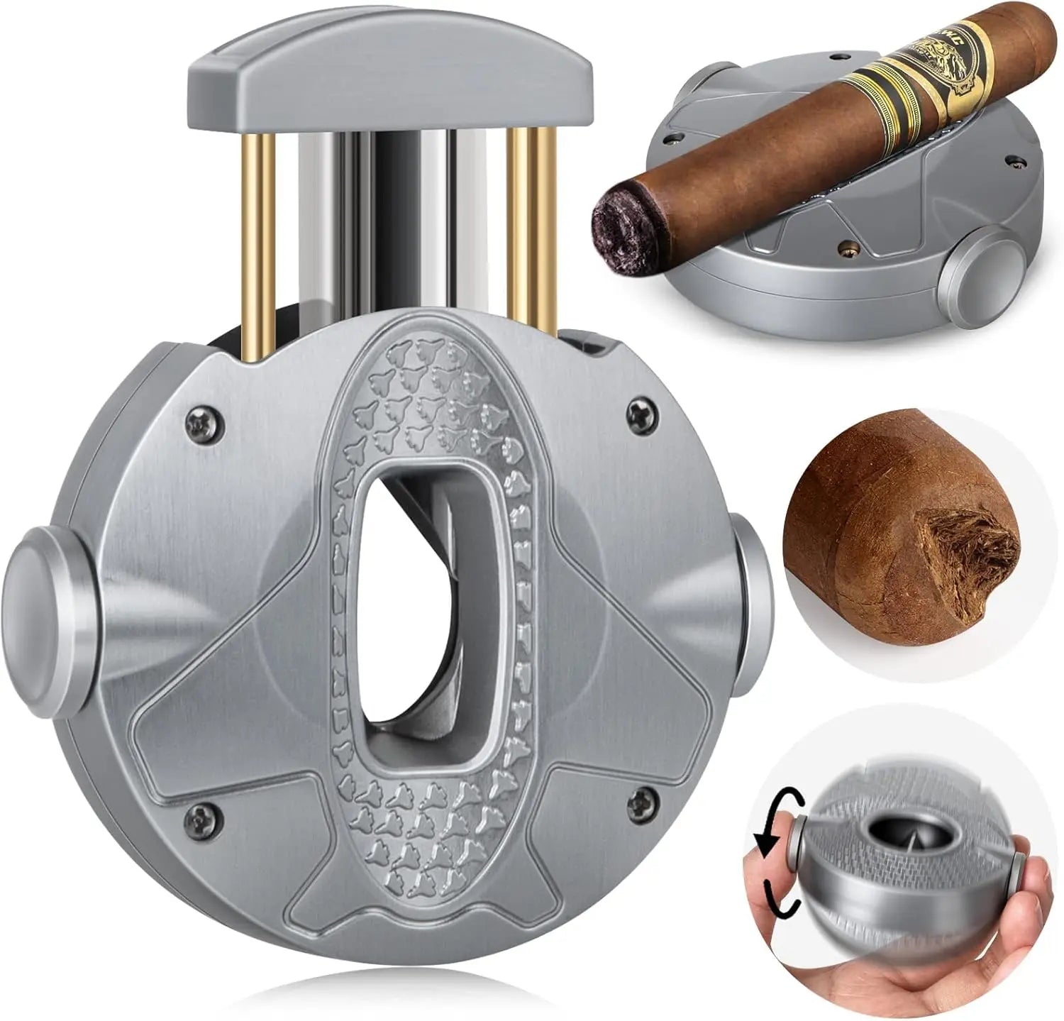 Cortador de charuto 3-1 com lâmina de aço inoxidável, suporte de charuto e rotador de descompressão, cortador de charuto redondo projetado ergonomicamente