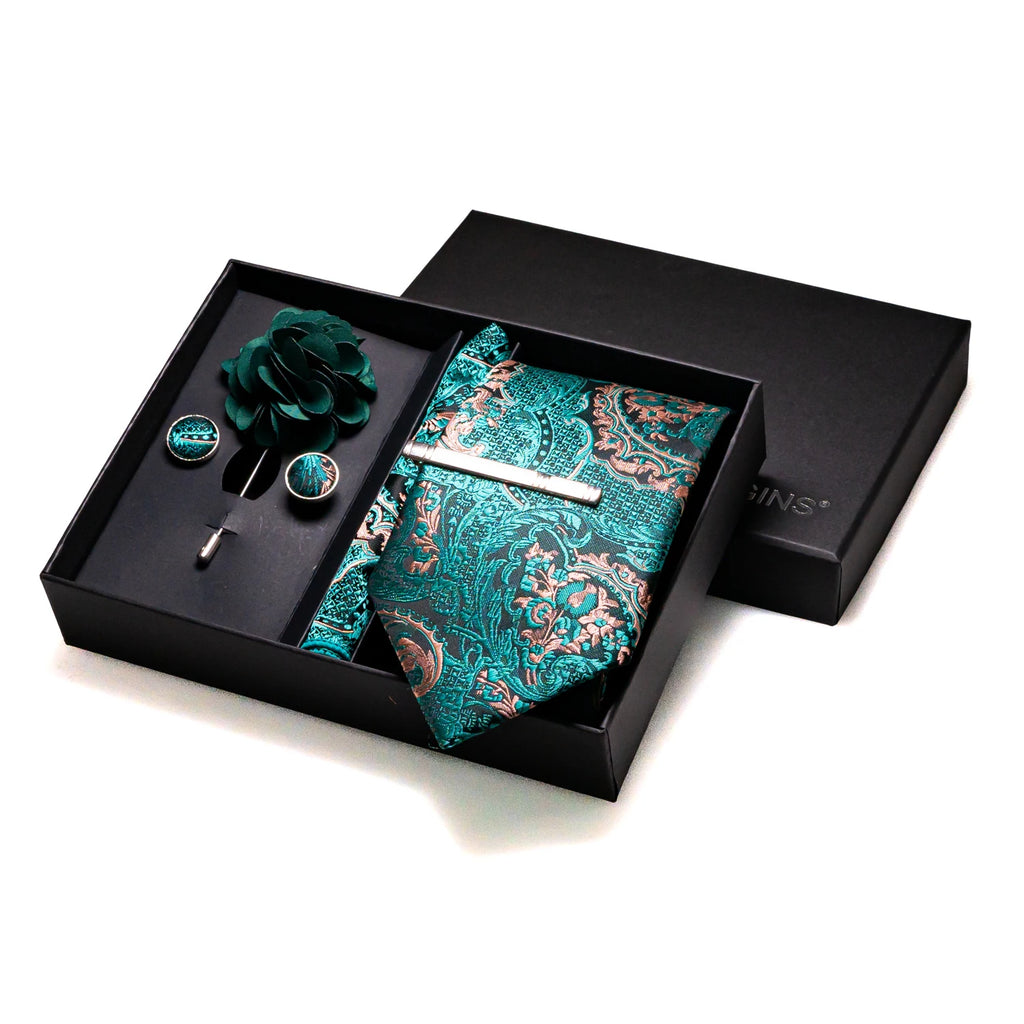 Gravatas luxuosas de seda com listras verdes escuras, acessórios de casamento, gravata masculina, bolso quadrado, abotoaduras, pino e caixa de presente elegante