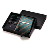 Gravatas luxuosas de seda com listras verdes escuras, acessórios de casamento, gravata masculina, bolso quadrado, abotoaduras, pino e caixa de presente elegante