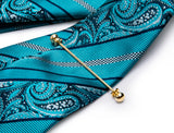 Oi-Tie-gravata azul teal masculina, gravata de alta qualidade, pino de gola dourada, conjunto de abotoaduras sólidas, luxo, novo